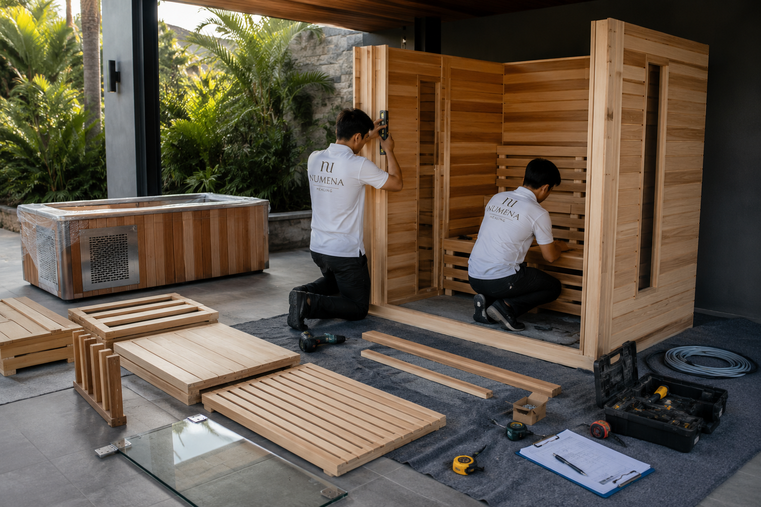 Numena team assembling sauna and cold plunge on-site at a villa
