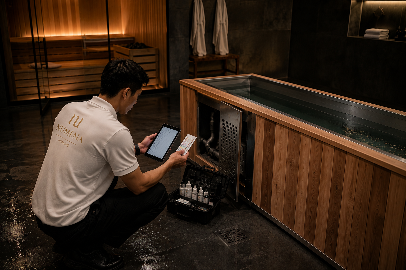 Numena technician servicing a cold plunge with water testing kit