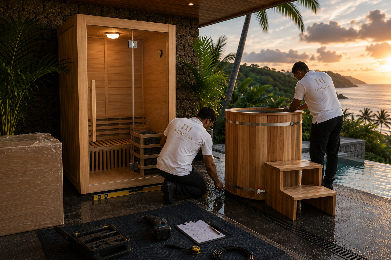 Numena team installing a sauna and cold plunge on an island villa